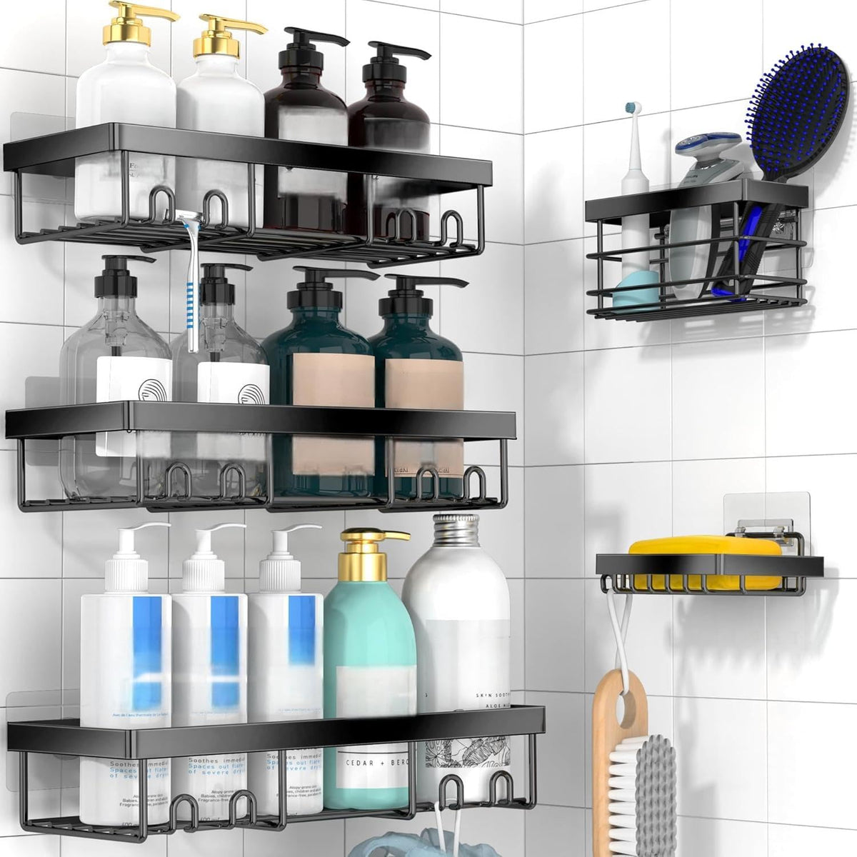 Moforoco 3-Pack Shower Caddy Basket Shelf with Soap Holder, No Drilling Traceless Adhesive Shower Wall Shelves, Rustproof Black Bathroom Shower Storage Organizer