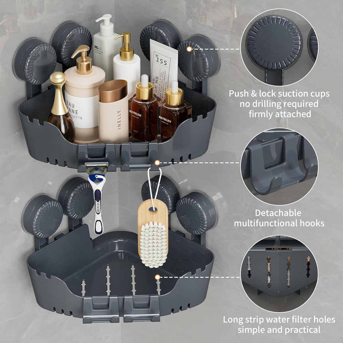 Ettori 2 Pack Corner Shower Caddy with 4 Suction Cups, Pearl Gray