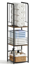 KIMBORA Narrow Towel Storage for Bathroom, 3-Tier Free Standing Bathroom Towel Rack Organizer with Shelf for Small Bath, Pool, Brown