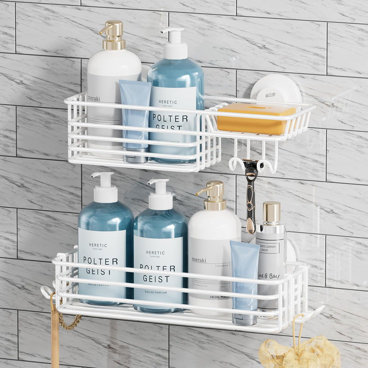 TAILI Shower Caddy Suction Cup 2 Pack with Hooks and Soap Holder, Silver