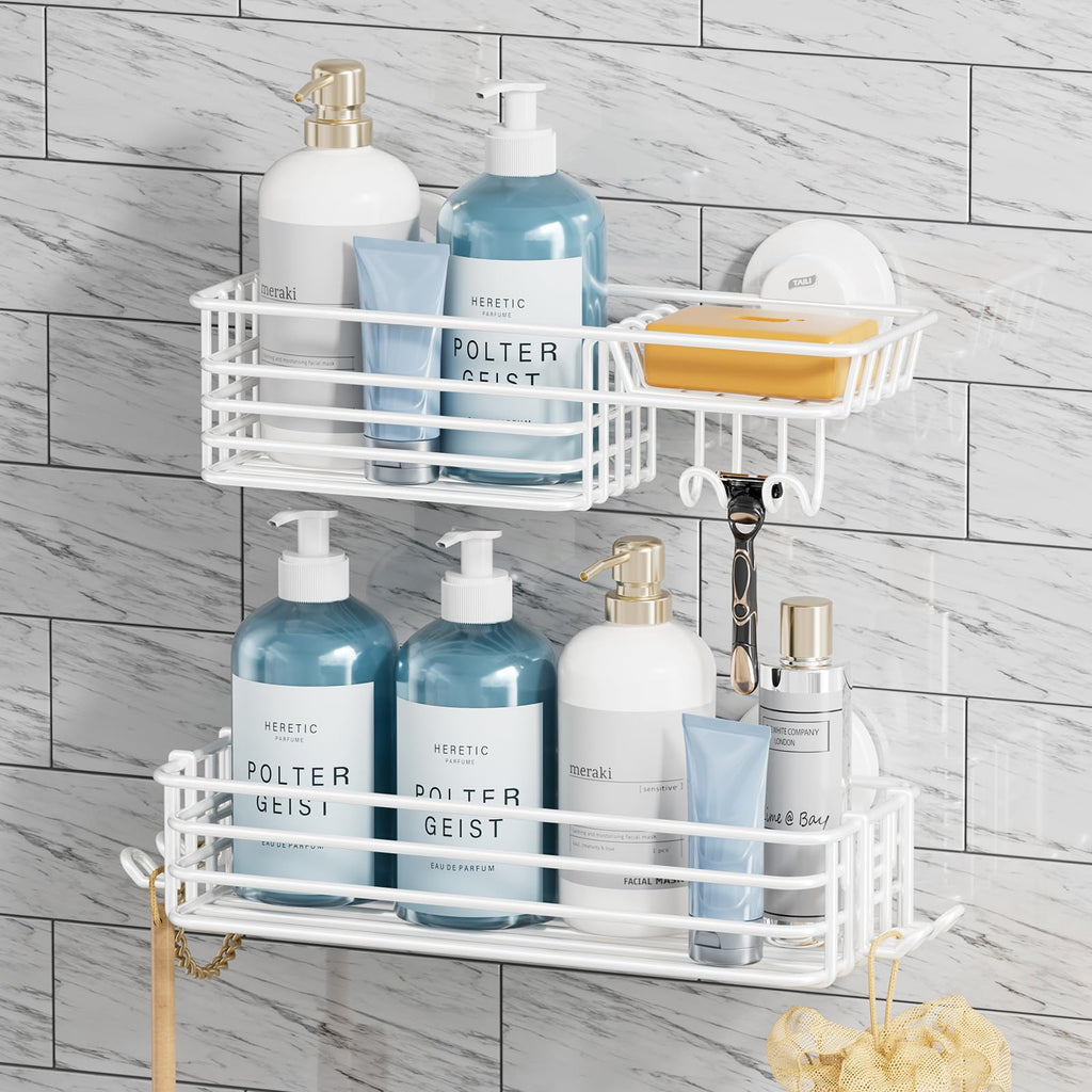 TAILI Shower Caddy Suction Cup 2 Pack with Hooks & Soap holder, Black