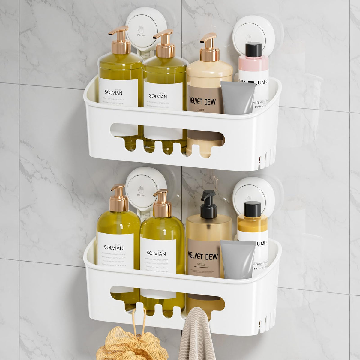 LEVERLOC Shower Caddy Suction Cup, Shower Organizer Removable Bathroom Shelf, Storage Suction Powerful Max Hold 22lbs Bathroom Caddy Waterproof Holder, White