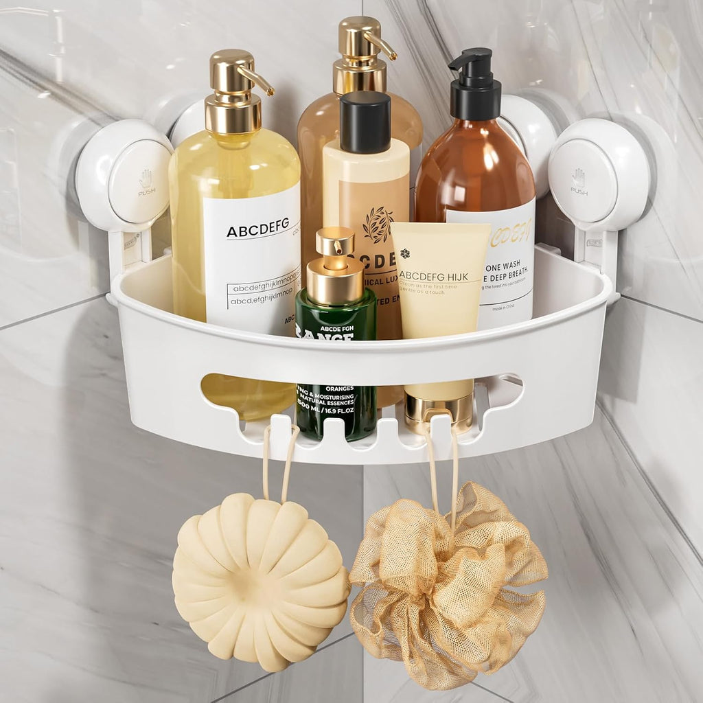 TAILI Corner Shower Caddy with Suction Cups, Wall Mounted Organizer Plastic Rack for Small Bathrooms, Kitchen, Removable Drill-Free Heavy Duty Shelf Basket, White