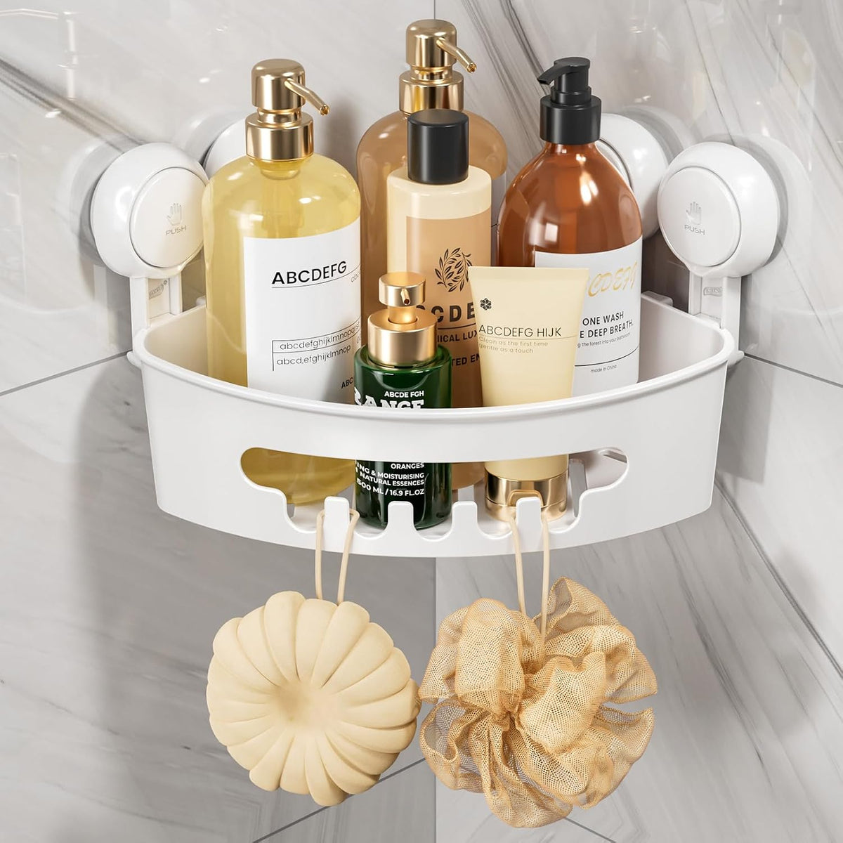 TAILI Corner Shower Caddy with Suction Cups, Wall Mounted Organizer Plastic Rack for Small Bathrooms, Kitchen, Removable Drill-Free Heavy Duty Shelf Basket, White
