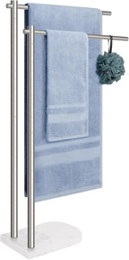Livabber Standing Towel Rack, 304 Stainless Steel 2-Tier Towel Holder Stand with Marble Base, Modern Stylish Tall Shower Towel Bar for Bathroom Accessories, Pool（Brushed Nickel）