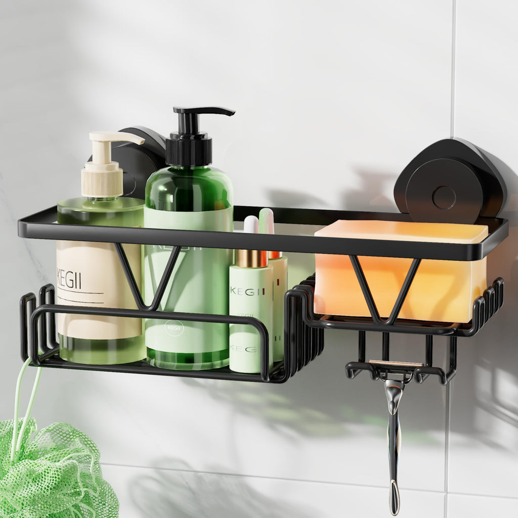 KEGII Suction Cup Shower Caddy with Soap & Razor Holder, Hooks, Cream White