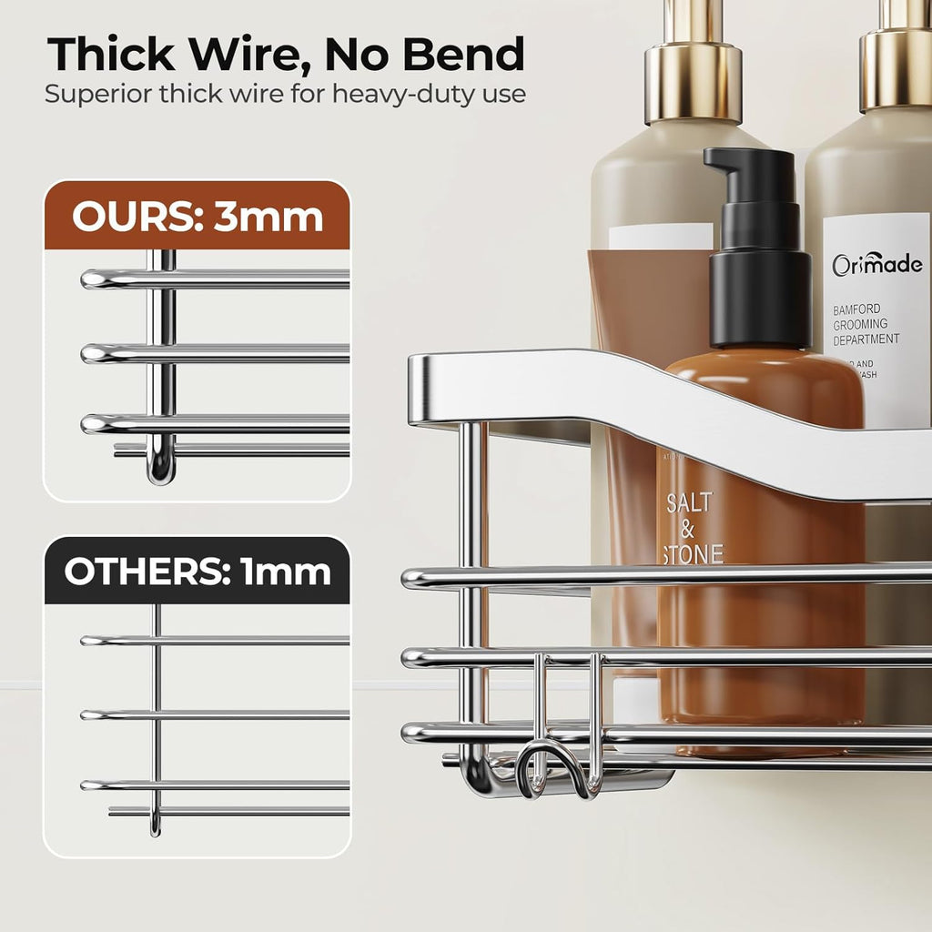 Orimade Shower Caddy Basket Shelf with 5 Hooks Adhesive Organizer Storage Rack Rust Resistant Wall Mounted Stainless Steel No Drilling for Bathroom, Toilet, Kitchen - 2 Pack