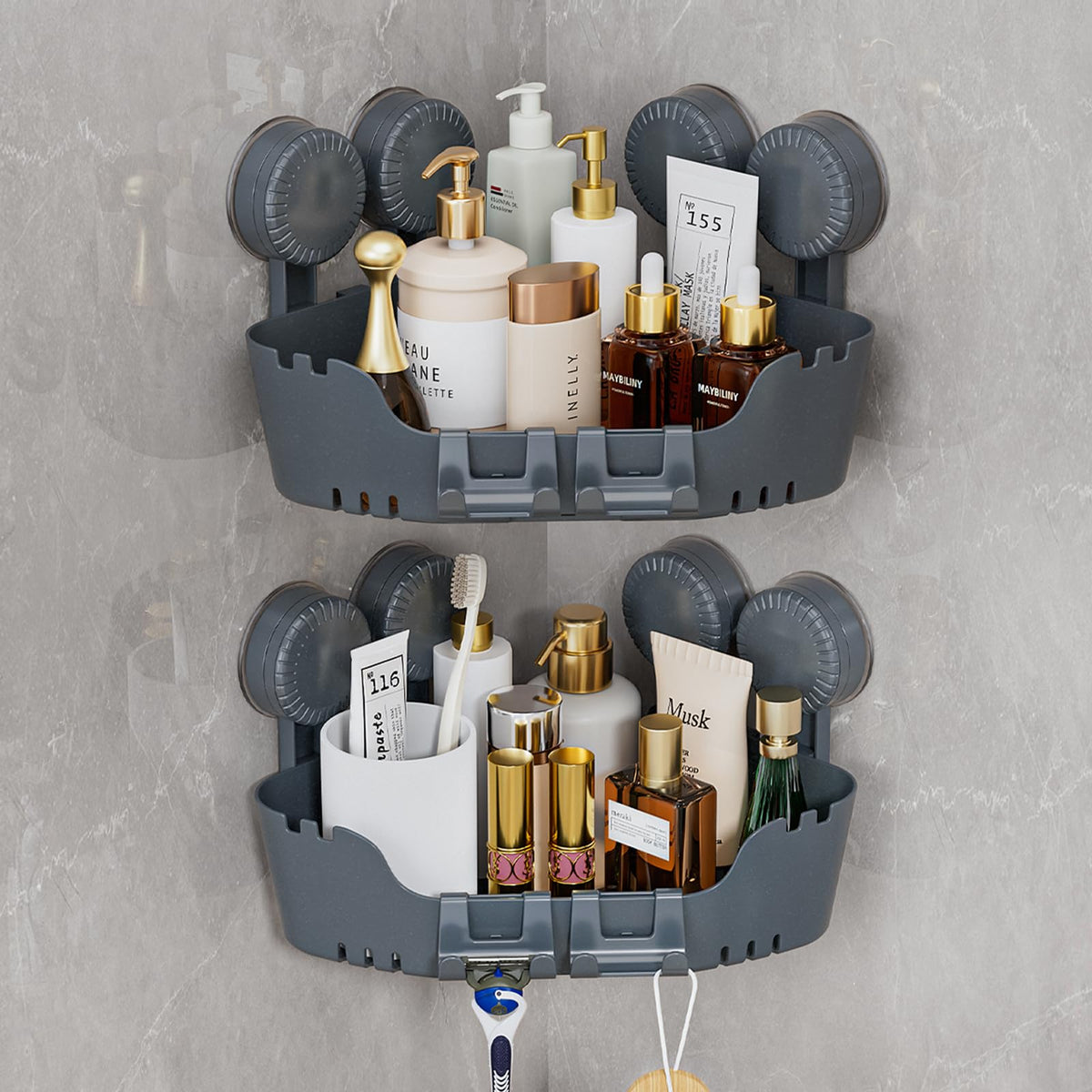 Ettori 2 Pack Corner Shower Caddy with 4 Suction Cups, Pearl Gray