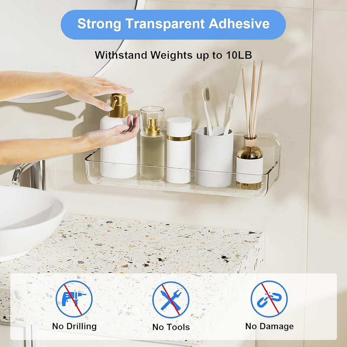 Diesisa Acrylic Wall Mounted Shower Caddy, Large, Adhesive Bathroom Shelves