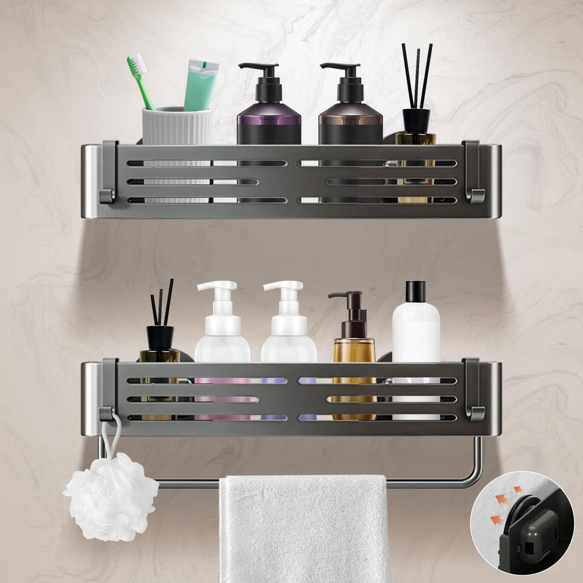 Lekesky Suction Cup Shower Caddy, No Drill Shower Shelf, Aluminum Rust Proof Bathroom Shower Organizer with 12 Hooks (2-Pack, Gunmetal Gray)