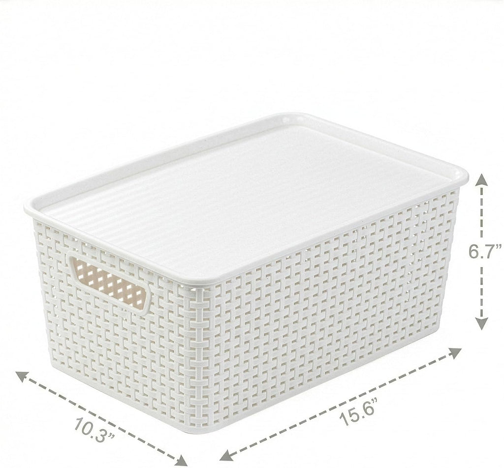 BINO | Plastic Storage Baskets with Lids, 15.5 Liter - 3 Pack, White | THE WOVEN COLLECTION | Storage Basket for Shelves Woven Storage Baskets for Organizing Bins Pantry Shelf Organizer Container Bin