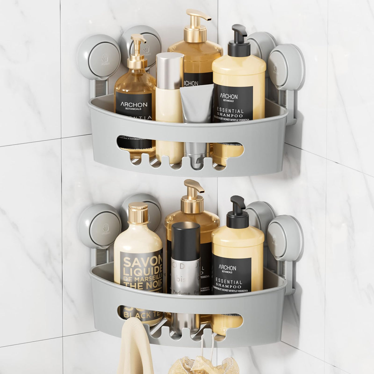 LEVERLOC Corner Shower Caddy Suction Cup, Shower Basket Suction Bathroom