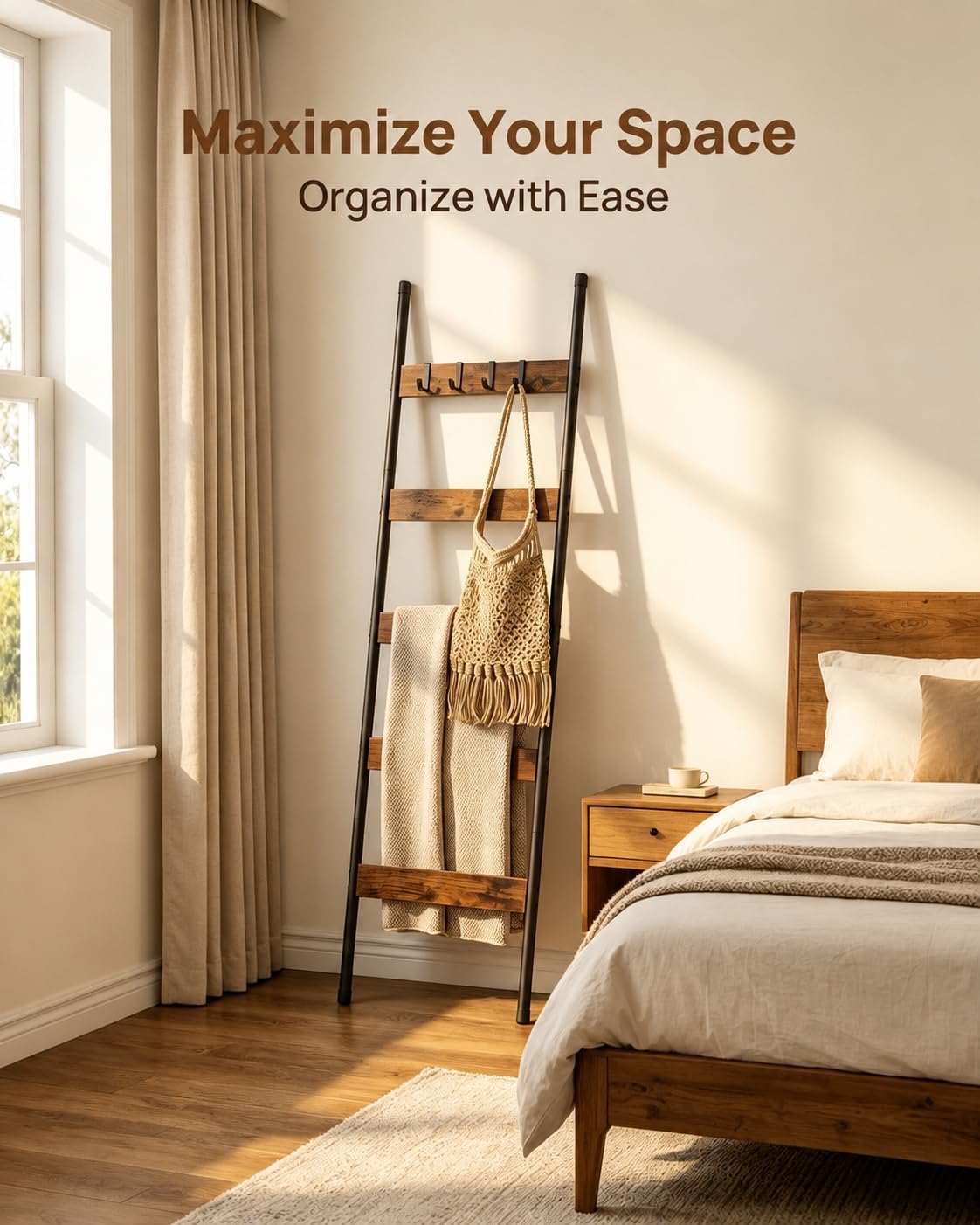 HOOBRO Blanket Ladder, 5-Tier Towel Rack with Hooks, Wall-Leaning Blanket Rack, Decorative Display Ladder Shelf, for Scarves, Industrial, Living Room, Bedroom, Rustic Brown and Black BF52CJ01