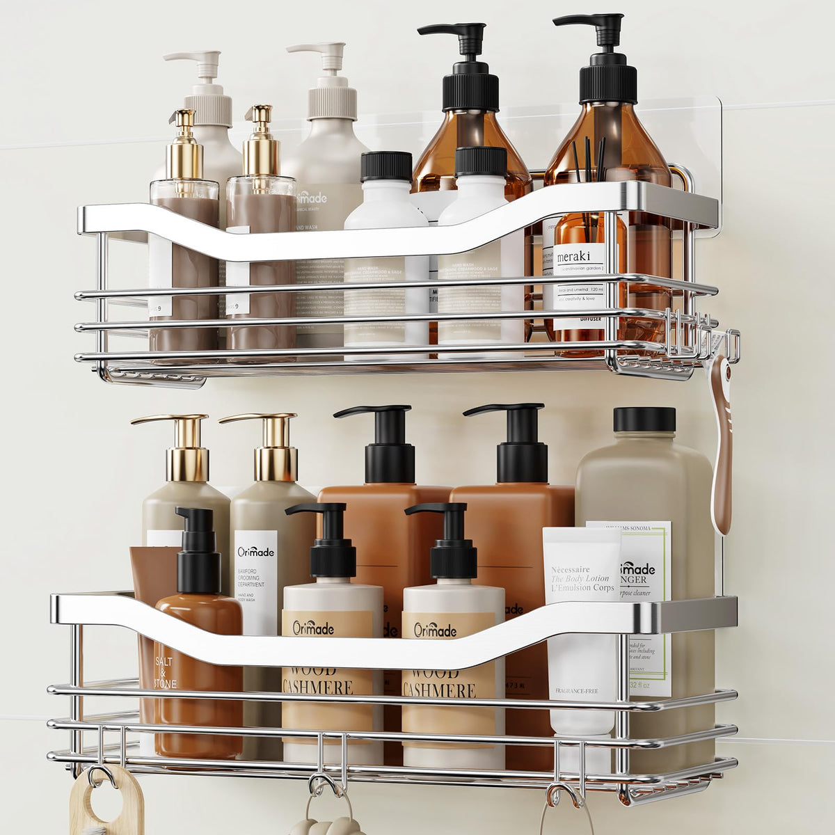 Orimade Shower Caddy Basket Shelf Storage Rack, No Drilling Wall Mounted Adhesive Rust Resistant Stainless Steel Shower Organizer with 5 Hooks for Bathroom, Black 2 Pack