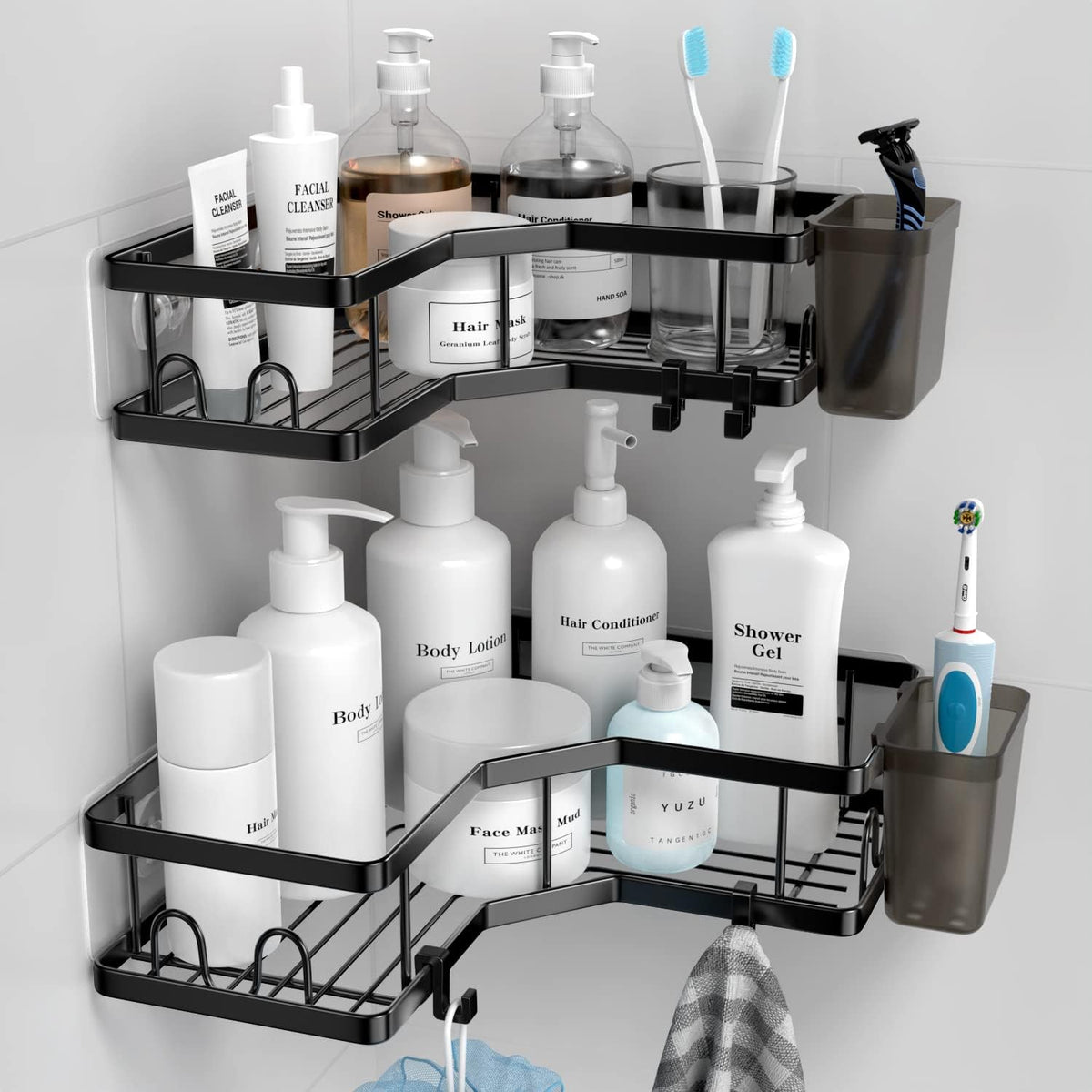 AKTECKE Corner Shower Caddy, 2 Pack Adhesive Shower Corner Organizer Shelves, No Drilling Stainless Steel Shower Storage Rack with Hooks&Toothpaste Holder for Bathroom Kitchen （for 90° Corners Only）