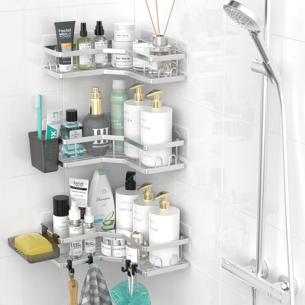 AKTECKE Corner Shower Caddy, 2 Pack Adhesive Shower Corner Organizer Shelves, No Drilling Stainless Steel Shower Storage Rack with Hooks&Toothpaste Holder for Bathroom Kitchen （for 90° Corners Only）