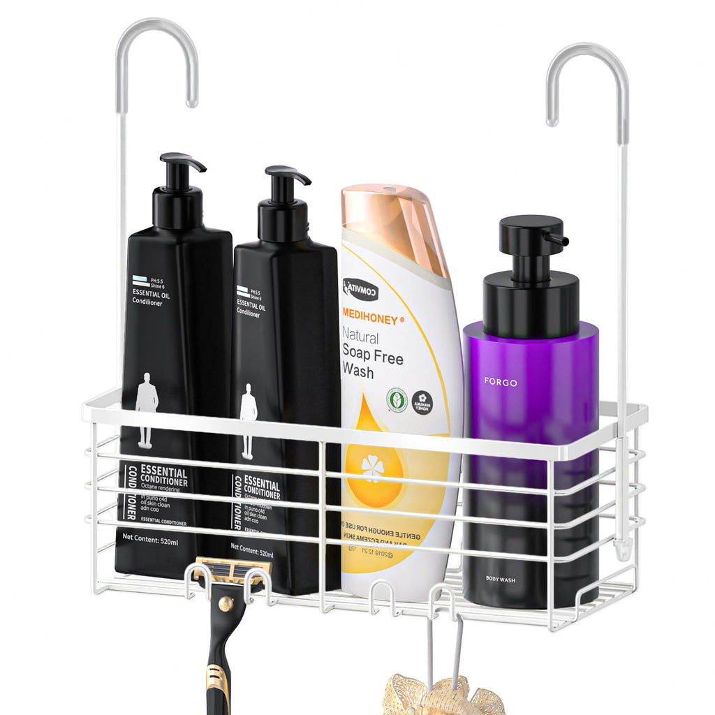 SHANSHUI Shower Hanging Caddy, Bathroom Shower Organizer Basket, Shampoo Bracket, Over Door Showers Rack with Hooks, 304 Stainless Steel Rustproof