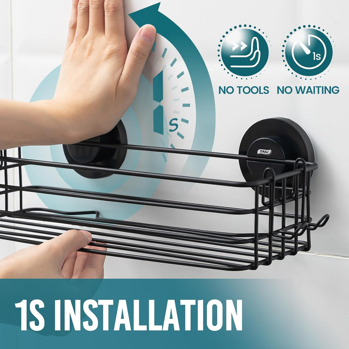 TAILI Shower Caddy Suction Cup 2 Pack with Hooks & Soap holder, Black