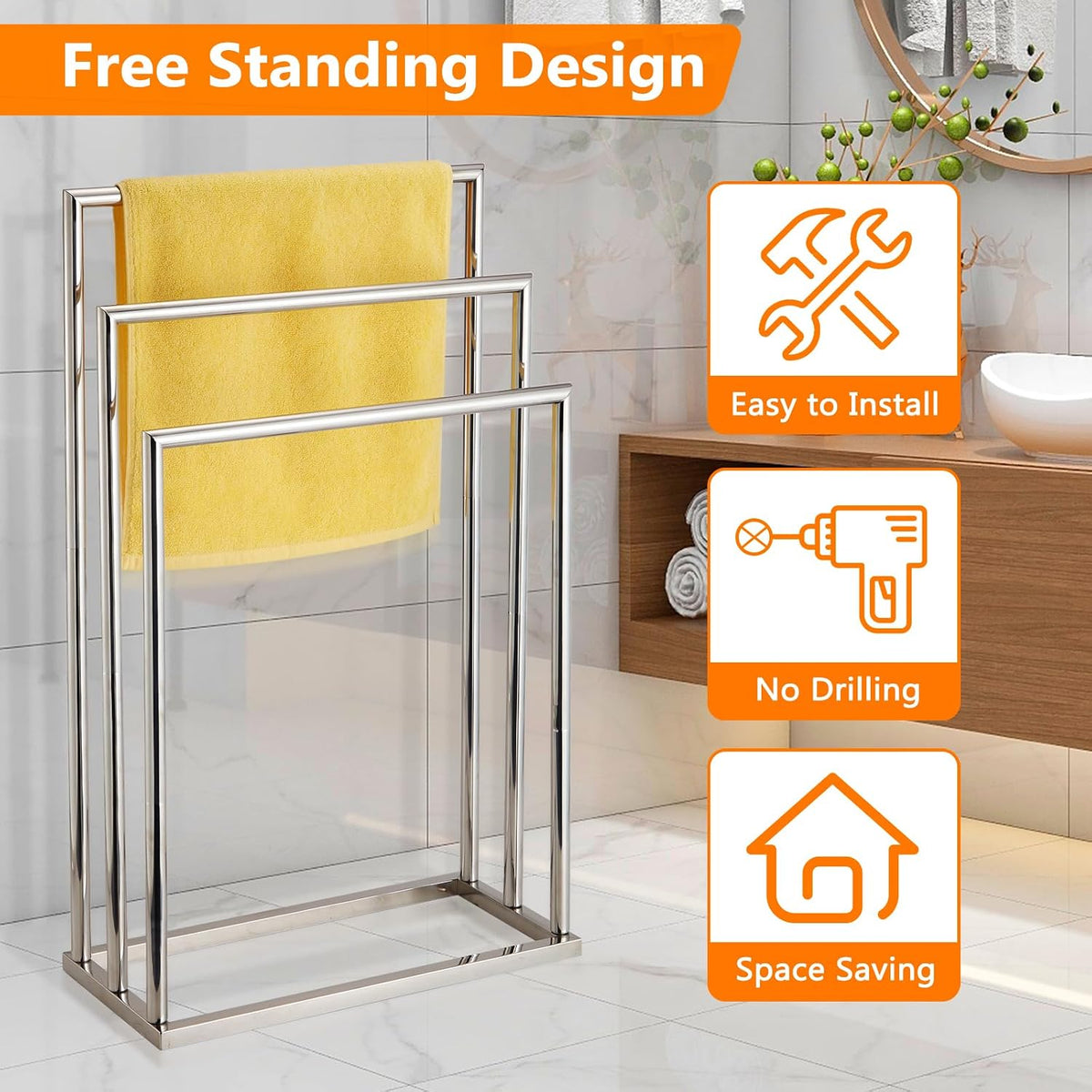 Free Standing Towel Racks for Bathroom, 3 Tier Stainless Steel Bathroom Towel Rack, Towel Drying Rack Stand for Outdoor Poolside, Blanket Holder, Chrome, DECLUTTR