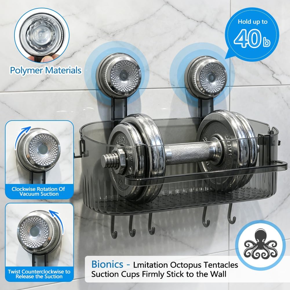 Abnaok 2026 Upgraded Bathroom Suction Storage Box, No Drill Bathroom Shelves with Drain Holes, Towel Rack, and Hooks, Load-Bearing, Removable Suction Cup Shower Caddy for Bathroom, Kitchen