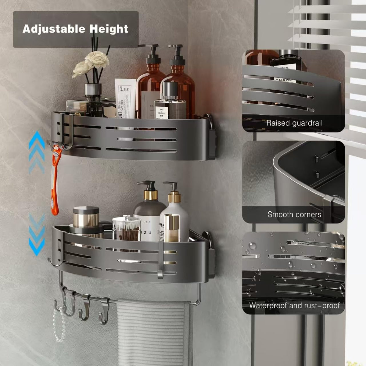 Voldra Corner Shower Caddy Suction Cup, Corner Shower Shelves No Drilling, Aluminum Upgrade Suction Cup Shower Organizer with Towel Bar & Hooks Removable Bathroom Storage Rack(2 Pack, Matte Gray)