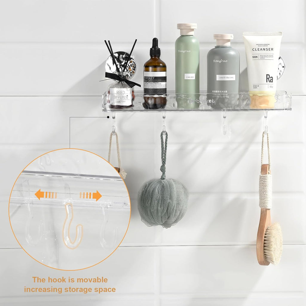Shower Caddy Suction Cup, Wall Mounted Suction Shower Rack Organizer, No Drilling Clear Shelf Basket with 4 Movable Hooks, Bathroom Storage Rack Suitable for Smooth Walls