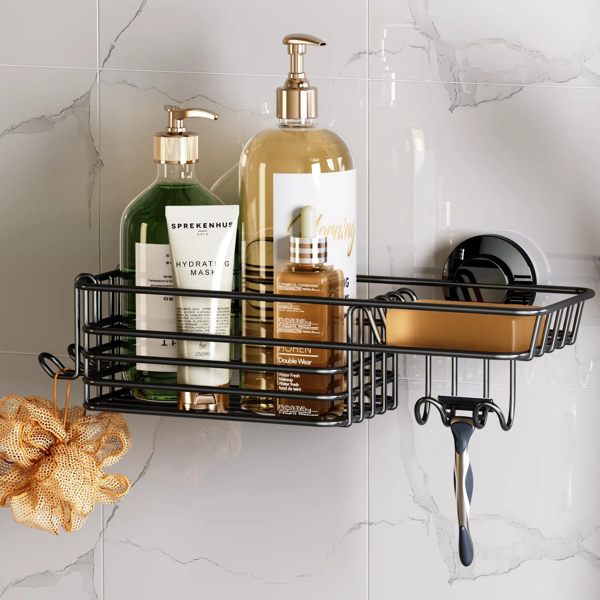 TAILI Shower Caddy Suction Cup 2 Pack with Hooks and Soap Holder, Silver
