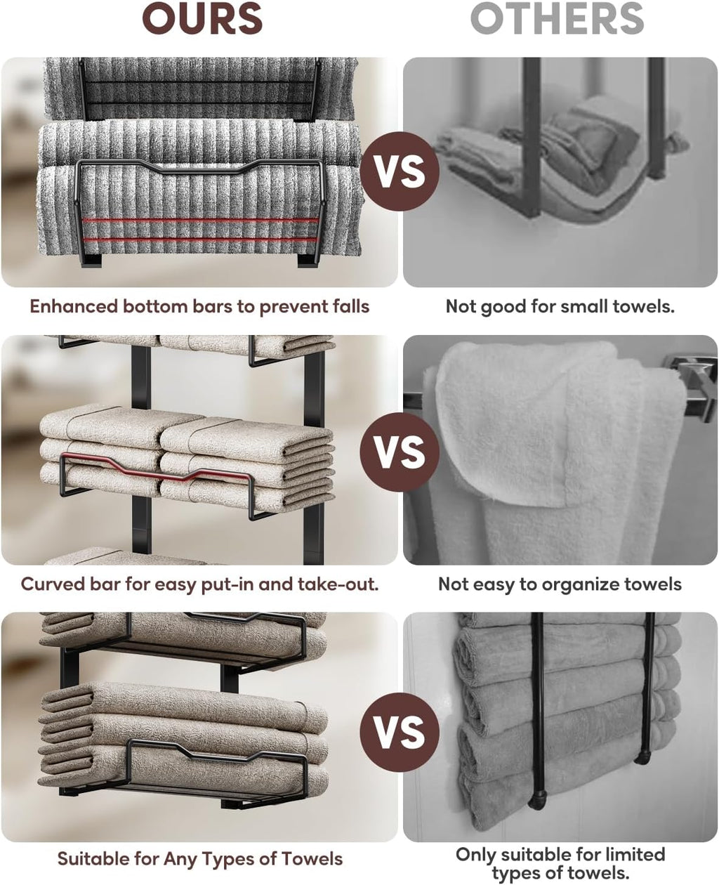 Aetyord Hanging Towel Racks for Bathroom No Drill - 6-Tier Over The Door Bath Towel Storage Organizer for Small Bathrooms - Tiered Back of Door Towel Holder Hanger for Rolled Towels RV Camper Black