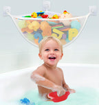 Bath Toy Storage Organizer for Bathtub – Large Mesh Bath Toy Holder & Bath Toy Net, Corner Bathtub Toy Storage with 3 Strong Suction Cups, 3 Adhesive Hooks, Quick-Dry Toy Holder for Tub & Shower