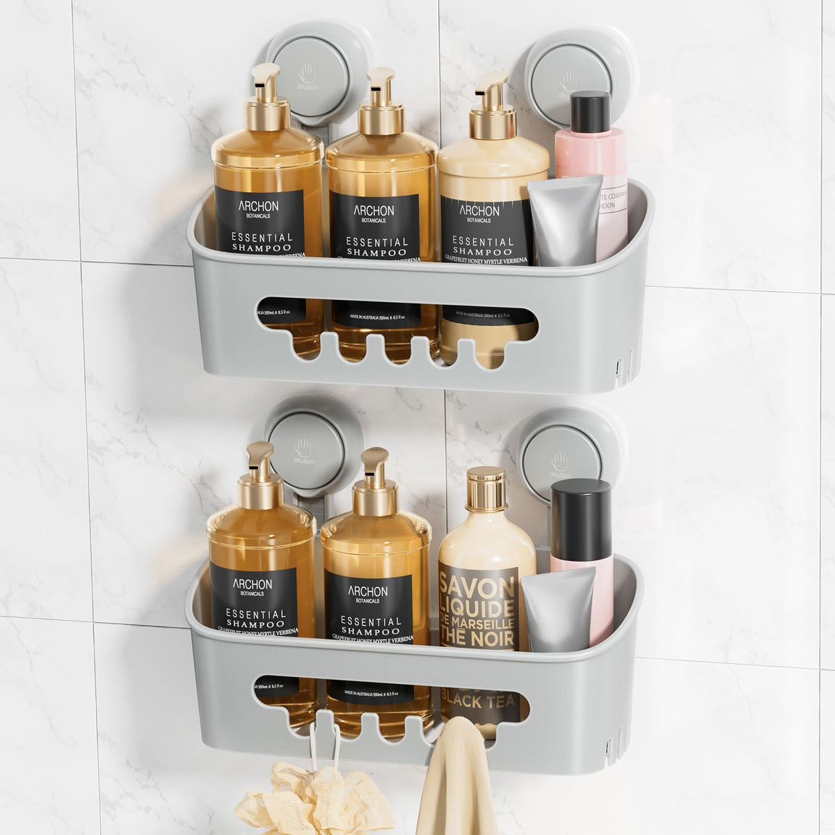 LEVERLOC Shower Caddy Suction Cup, Shower Organizer Removable Bathroom Shelf, Storage Suction Powerful Max Hold 22lbs Bathroom Caddy Waterproof Holder, White