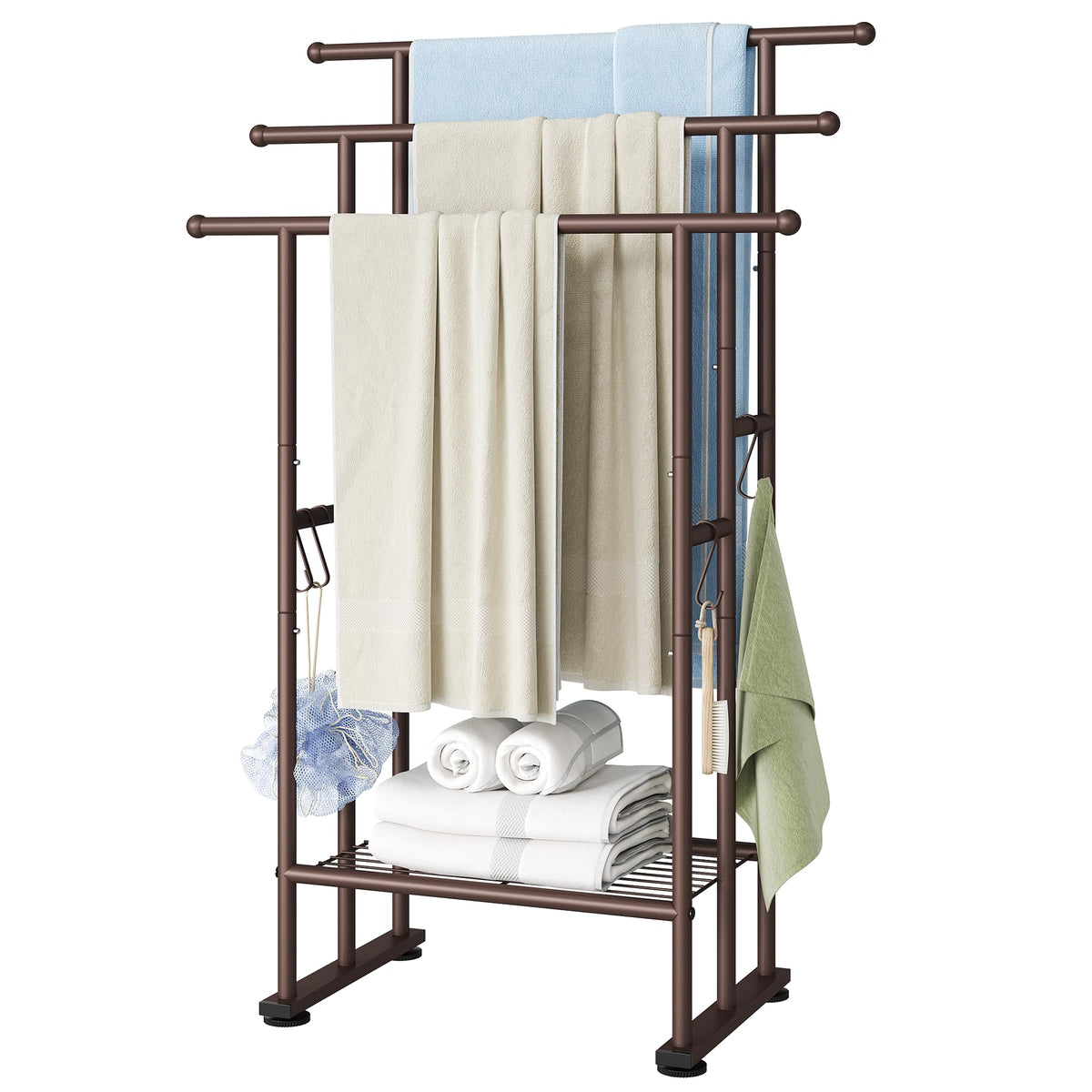 ELYKEN 3 Tier Freestanding Towel Rack with Shelf, 40" H Towel Stand, Silver