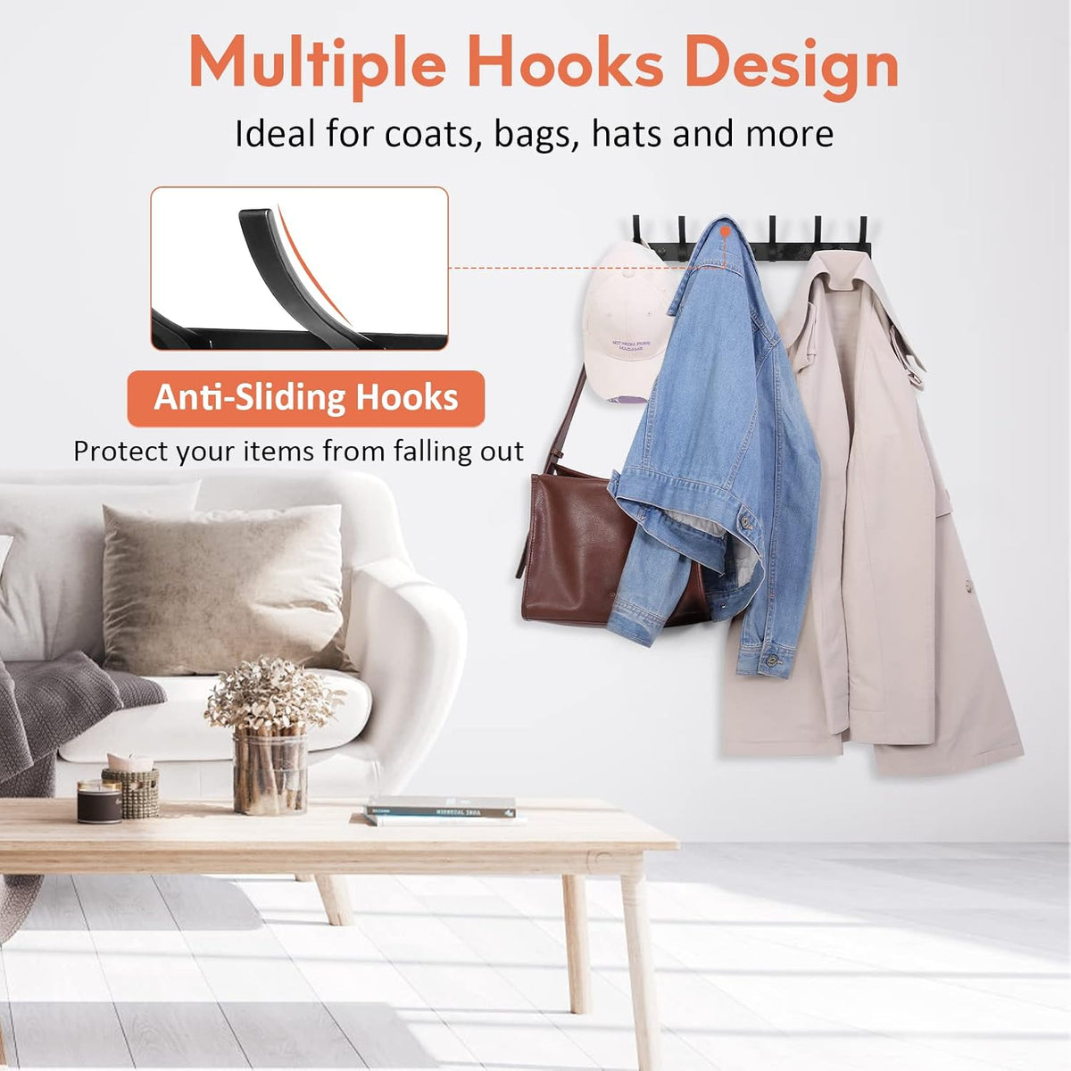 Optish Coat Rack Wall Mount, Wall Hooks for Hanging, Entry Coat Hooks Coat Hanger, Hat Rack Holder for Wall, Key Holder Purse Racks, Towel Rack for Bathrooms (2 Pack, Black)