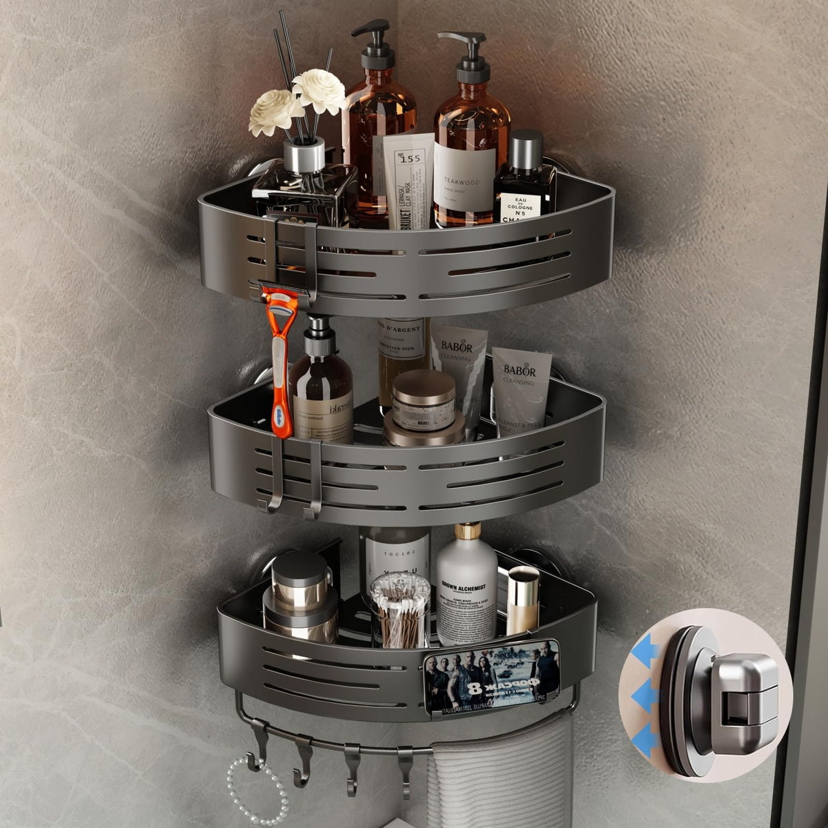 Voldra Corner Shower Caddy Suction Cup, Corner Shower Shelves No Drilling, Aluminum Upgrade Suction Cup Shower Organizer with Towel Bar & Hooks Removable Bathroom Storage Rack(2 Pack, Matte Gray)