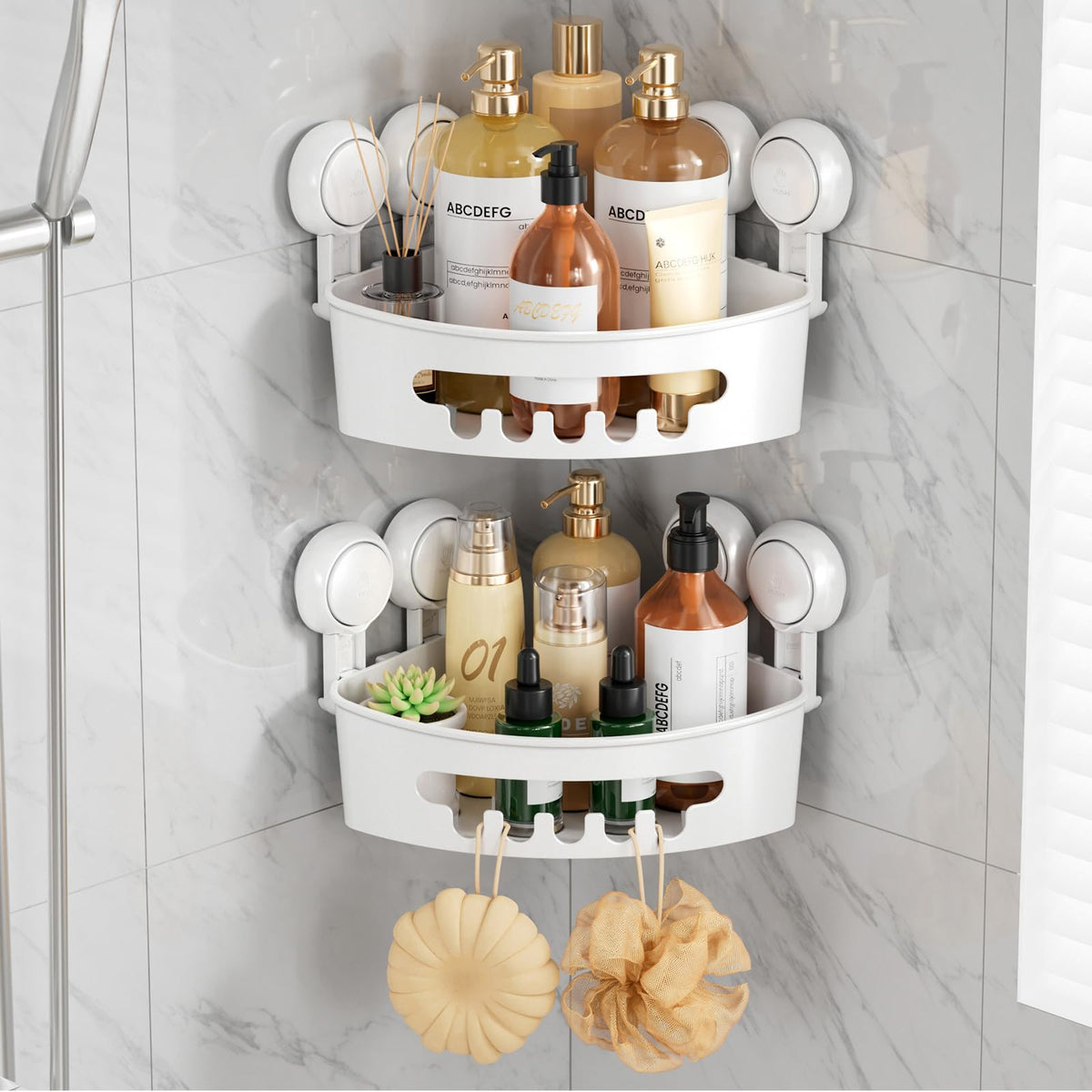 TAILI Corner Shower Caddy with Suction Cups, Wall Mounted Organizer Plastic Rack for Small Bathrooms, Kitchen, Removable Drill-Free Heavy Duty Shelf Basket, White