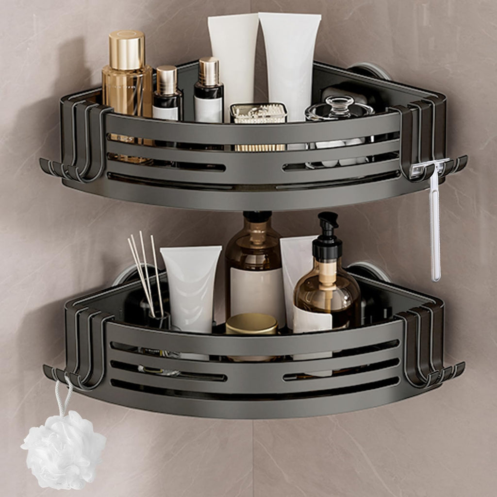 Lekesky Suction Cup Shower Caddy, No Drill Shower Shelf, Aluminum Rust Proof Bathroom Shower Organizer with 12 Hooks (2-Pack, Gunmetal Gray)
