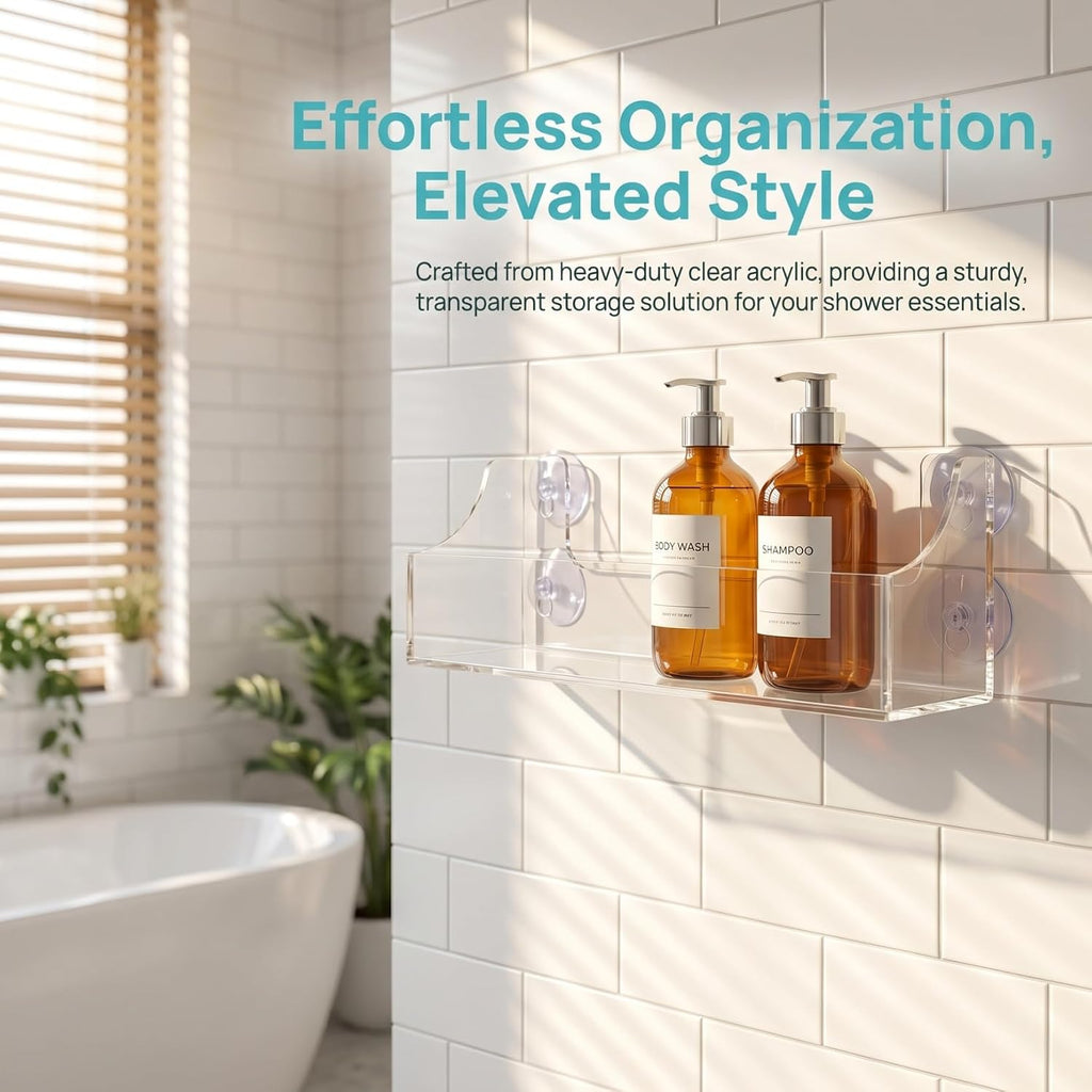 1 PCS Shower Shelf Suction Cup, Clear Acrylic Floating Bathroom Organizer, No Drill Wall Mounted Storage Caddy, Transparent Basket Rack for Inside Shower, Window, Kitchen, Refrigerator