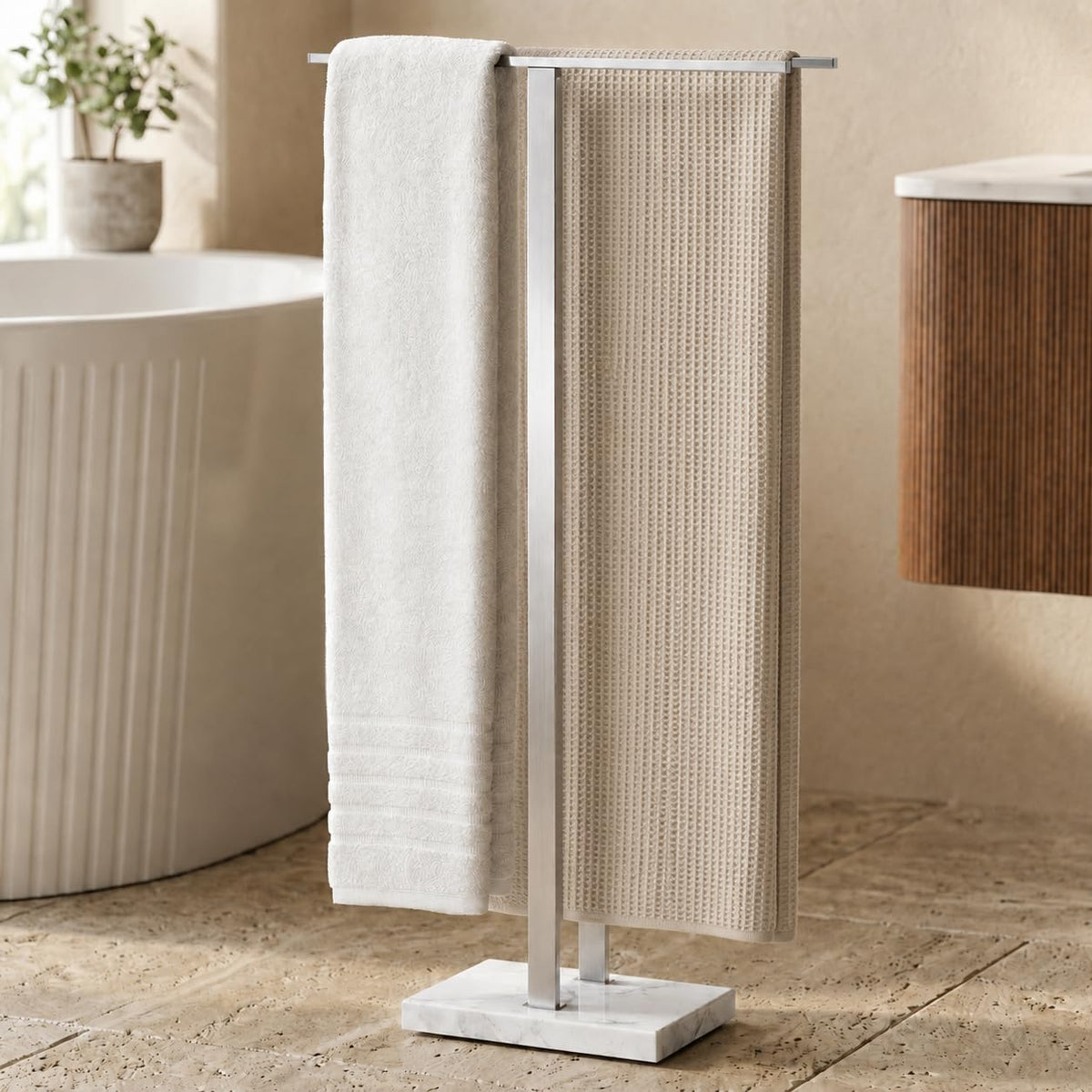 KES Standing Towel Racks for Bathroom 2-Tier, Floor Towel Rack Stand with Heavy Marble Base, Upgrade Steady Freestanding Design, Pro-Grade 18/8 Stainless Steel Brushed Finish, BTH217-2