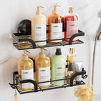 LEVERLOC Shower Caddy Suction Cup, 2 Pack Shower Shelves for Inside Shower with Hooks & Soap Holder, NO-Drilling Bathroom Shower Organizer, Rustproof Meatl Shower Holder Storage, Black