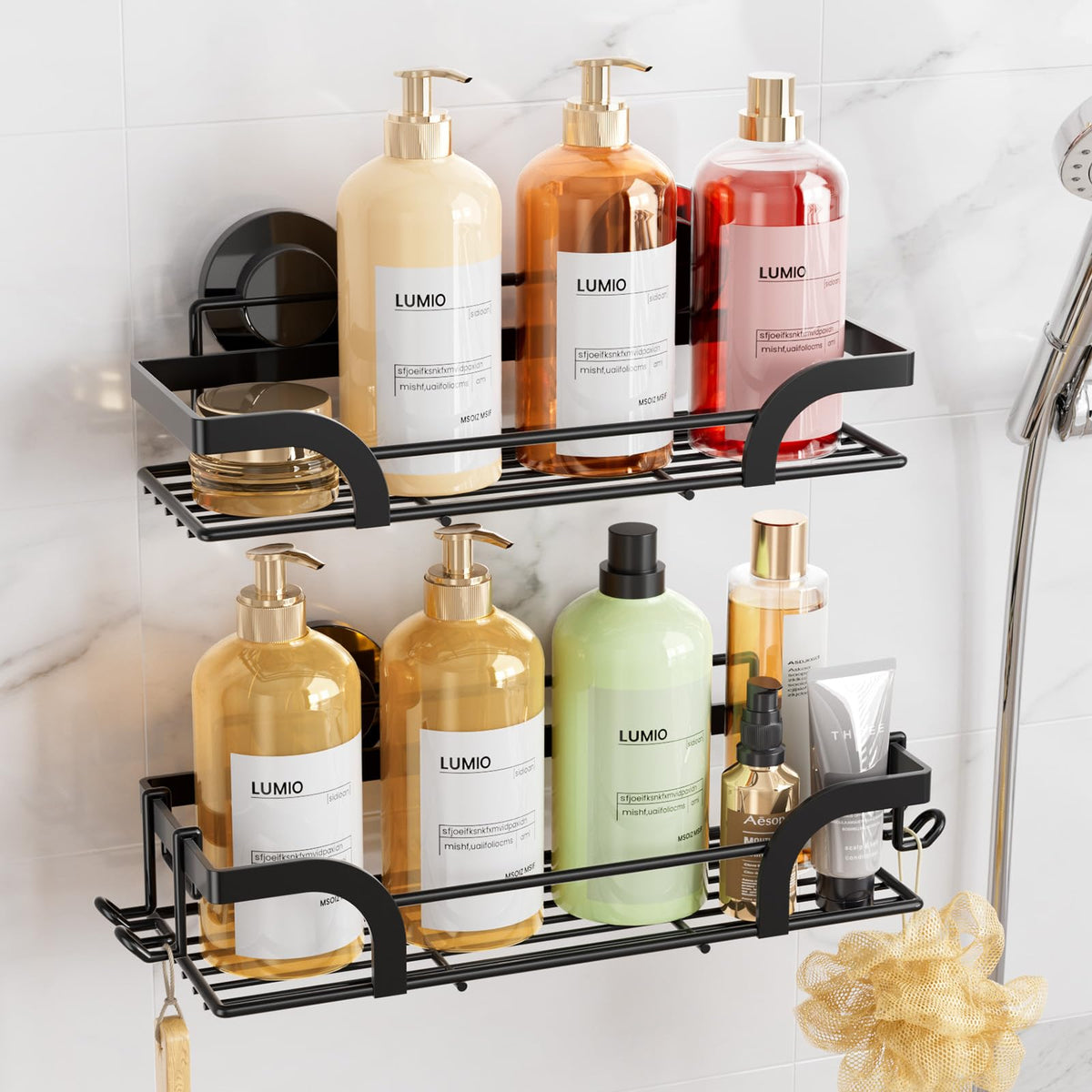 LEVERLOC Shower Caddy Suction Cup, 2 Pack Shower Shelves for Inside Shower with Hooks & Soap Holder, NO-Drilling Bathroom Shower Organizer, Rustproof Meatl Shower Holder Storage, Black