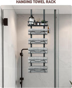 Aetyord Hanging Towel Racks for Bathroom No Drill - 6-Tier Over The Door Bath Towel Storage Organizer for Small Bathrooms - Tiered Back of Door Towel Holder Hanger for Rolled Towels RV Camper Black