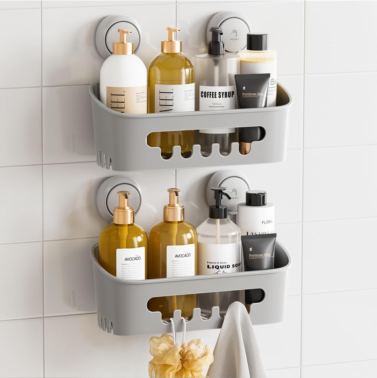 TAILI Shower Caddy Suction Cup 2 Pack, Heavy Duty Bathroom Organizer, Removable Shelves for Inside Shower, Shampoo, Waterproof Suction Plastic Storage for Bathroom Accessories Holder, White
