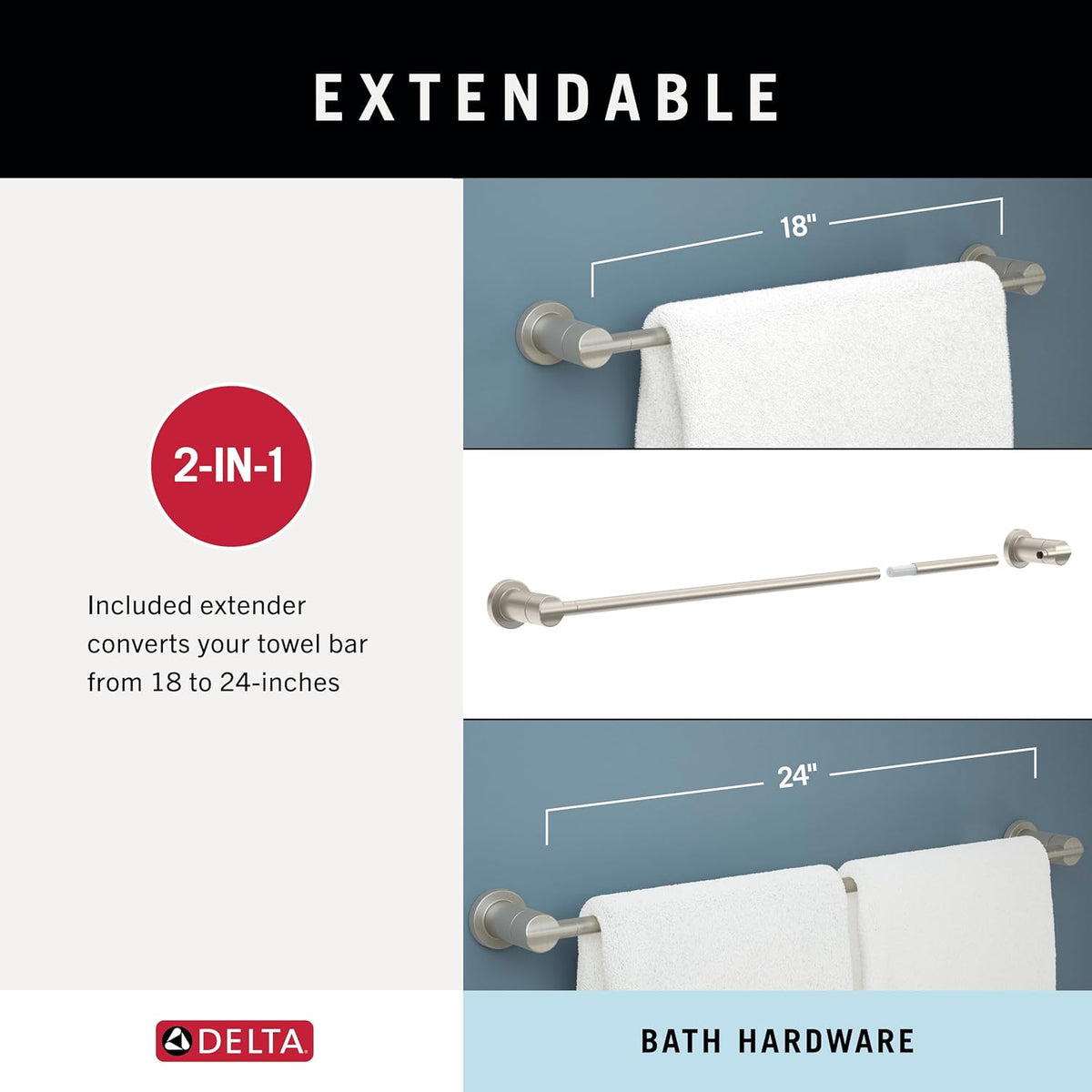Delta 4-Piece Polished Chrome Bathroom Set Towel Rack, Ring, Toilet Paper Holder, Hook | Nicoli Bath Accessories