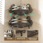 VOLPONE Corner Shower Caddy Suction Cup, 2 Pack Shower Shelves No Drilling, Showers Organizer Storage with Towel Bar & Removable Hooks, Bathroom Shower Shelf Rack for Inside Showers