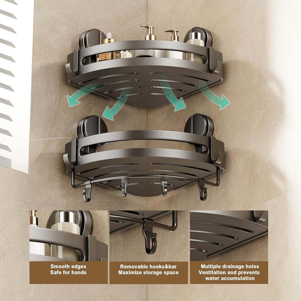 VOLPONE Corner Shower Caddy Suction Cup, 2 Pack Shower Shelves No Drilling, Showers Organizer Storage with Towel Bar & Removable Hooks, Bathroom Shower Shelf Rack for Inside Showers