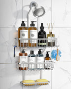 Shower Caddy Hanging - Never Rust Shower Hanging Organizer - Aluminum Over the ShowerHead Caddy with Soap Basket and 6 Hooks for Razor/Sponge (Black)