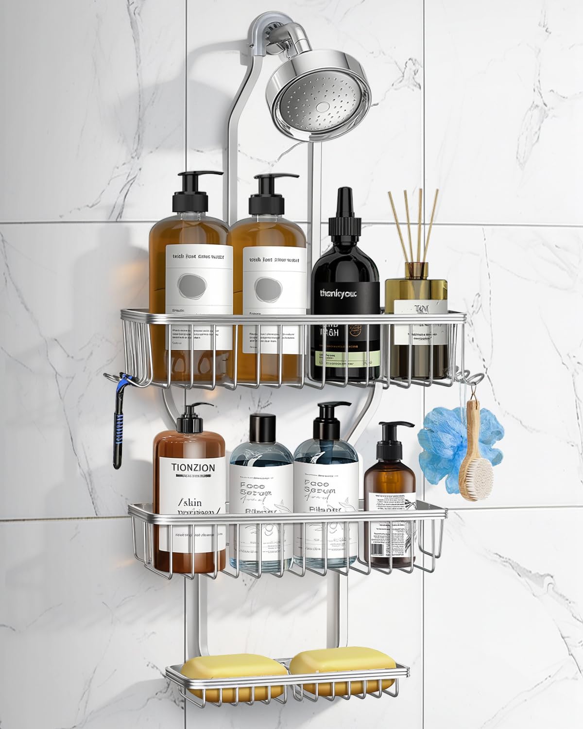 Shower Caddy Hanging - Never Rust Shower Hanging Organizer - Aluminum Over the ShowerHead Caddy with Soap Basket and 6 Hooks for Razor/Sponge (Black)