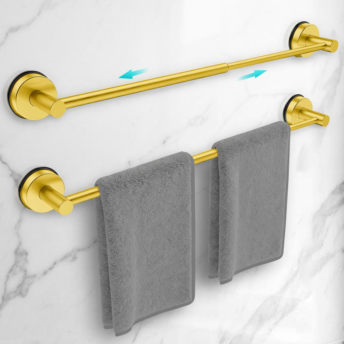 Adjustable Suction Cup Towel Bar for Bathroom Wall,14.6Inch~24 Inch Towel Racks for Bathroom,Stainless Steel Bath Towel Holder for Shower(Matte Black)