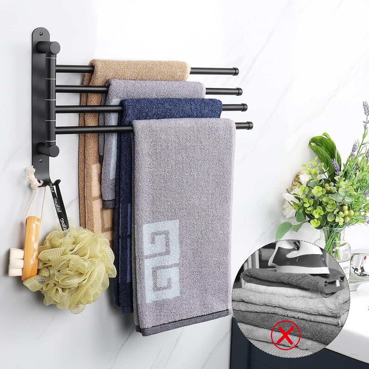 NearMoon Swivel Towel Rack, 13.8" Thicken 304 Stainless Steel 4-Arm Towel Bar, Space Saving Wall Mounted Towel Holder with Hook, Rustproof Swing Out Towel Hanger for Bathroom, Kitchen (Matte Black)