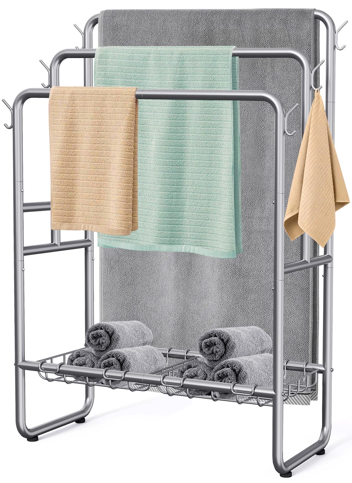 Kayfia 40'' Freestanding 3 Tier Metal Towel Rack, 2 Baskets & 6 Hooks