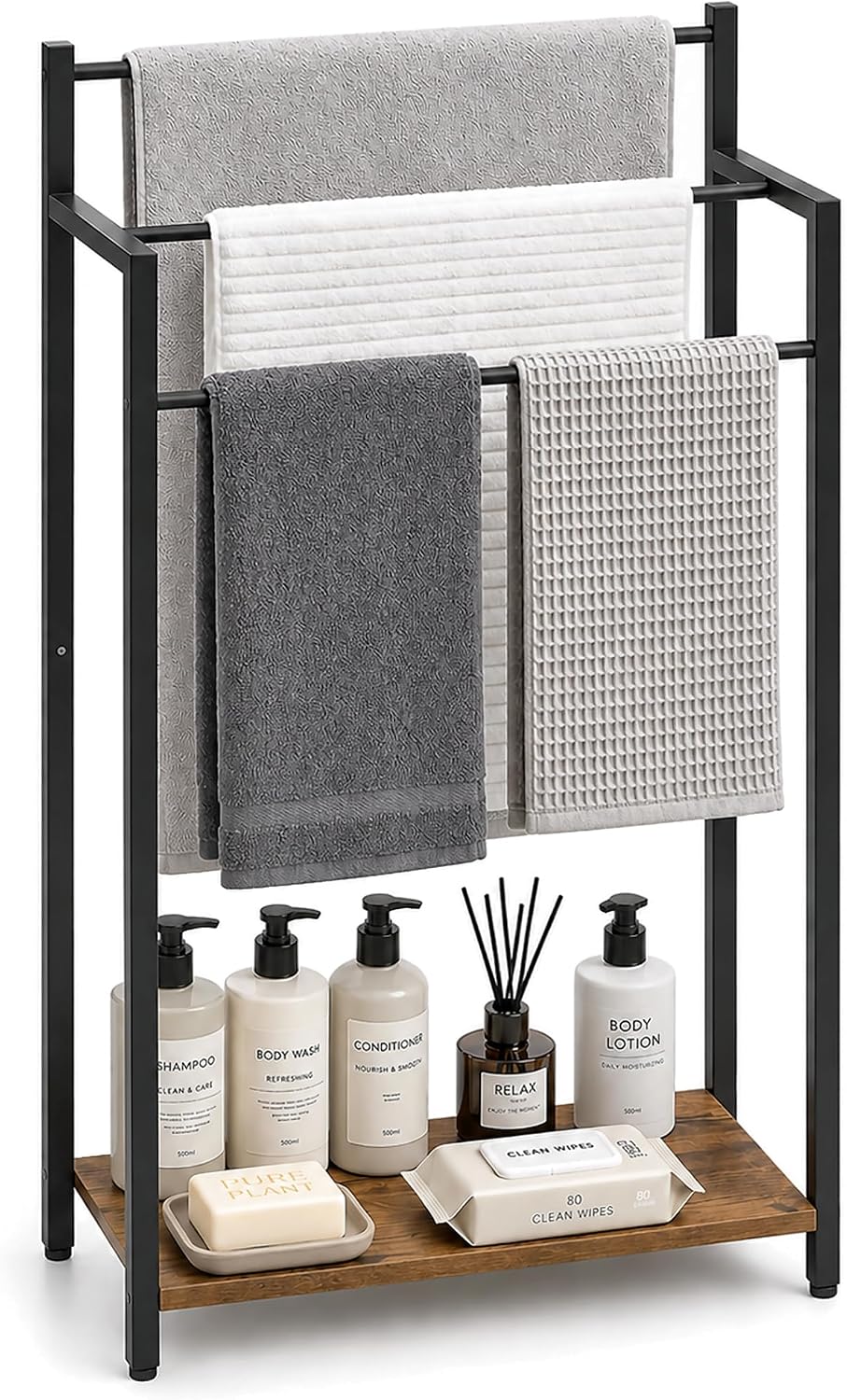 16.9" W Freestanding Towel Rack with Rustic Brown Wood Shelf
